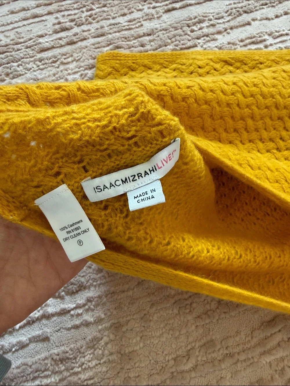 100% Cashmere Isaac Mizrahi Mustard Yellow Knit Infinity Scarf